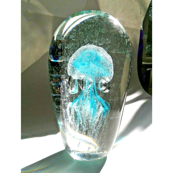 Jellyfish Glass 7" Tall Handblown Paperweight Ocean Man O War Light Blue Clear - Picture 1 of 10